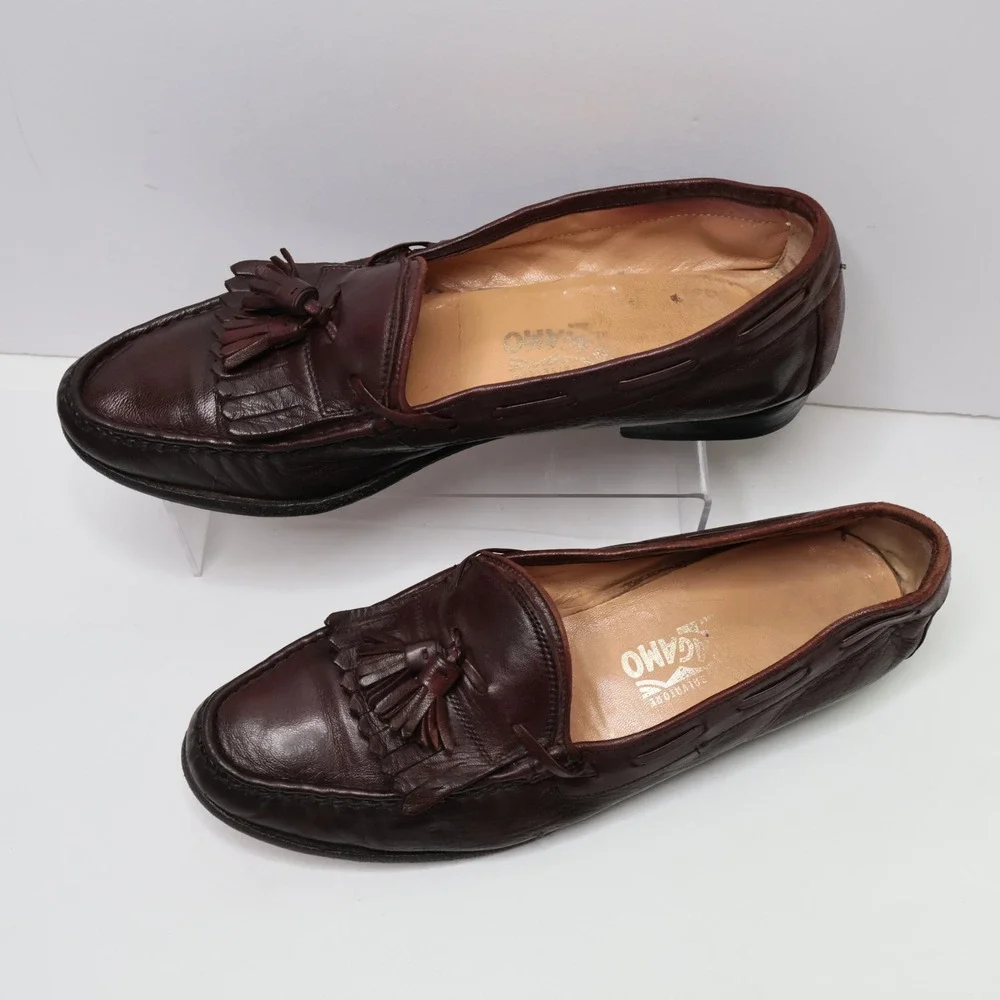 Salvatore Ferragamo Brown Leather‎ Tassel Kiltie Loafers 2059 B 10.5 Mens Shoes